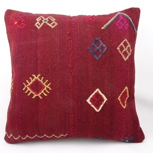 Handmade Mexican Embroidered Wool Cushion Cover <b>Square</b> Bohemian Decorative <b>Pillow</b> Case Red with Geometric Patterns - Product Image 1
