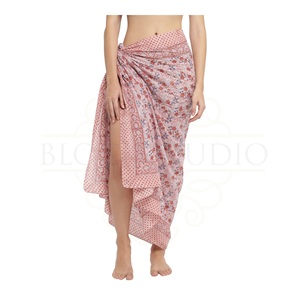 Muted Coral Orange Hand Block Print Cotton <b>Sarong</b> Wrap for Women, Lightweight Bikini Cover-Up, Summer Beach & Resort Wear - Product Image 5