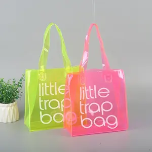 Customized Transparent Fashion PVC Waterproof Tote Shopping Bag with Thick Cotton Handle PINK BAGS