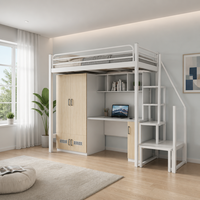 Lit mezzanine moderne en métal tout-en-un avec poste de travail et placard intégrés, avec escalier, pour enfants, adolescents, écoles, hôpitaux, dortoirs, chambres