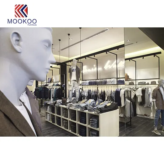 Butik ekipman duvara monte elbise askısı raf vitrin rafları erkekler için giyim Modern erkek giyim mağazası iç tasarım