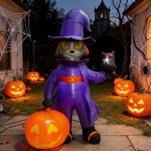 Grand chat sorcier gonflable d'Halloween de 6 pieds avec hibou et citrouille pour la décoration de fête en extérieur - Product Image 1