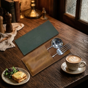 Étui à <span class=keywords><strong>couverts</strong></span> de luxe en cuir de vachette, 2 emplacements, en cuir véritable, réutilisable, cadeaux d'affaires, camping, restaurant, étui à ustensiles - Product Image 3