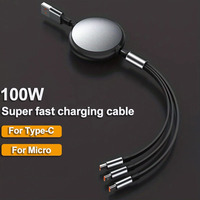 Kabel Aluminium 100W Pengisian Cepat 1-ke-3 Retractable 2*Type C+Micro-USB Mendukung Transfer Data untuk Ponsel