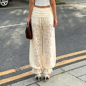 Elegant Breathable Lace Cutout Solid Color Knit Trousers Low Waist Summer <b>Ankle</b> Elastic Cuff for Women - Product Image 5