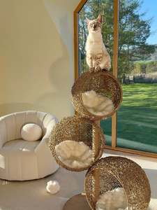 Promotion : Arbre à chat tressé à 3 niveaux avec nid en osier, condo, griffoir en sisal et coussin en peluche douce – Meuble pour animaux de compagnie – Vente en gros - Product Image 1