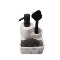 Distributeur de savon de cuisine multifonctionnel 3-en-1 en résine, design moderne sur pied, avec support pour éponge et brosse, et conception étanche