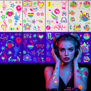 Autocollants de tatouage rétro années 90 Pop Art, cassette fluorescente vibrante, boombox, disco, <span class=keywords><strong>techno</strong></span>, couleurs vives, décalcomanies temporaires pour le corps - Product Image 3