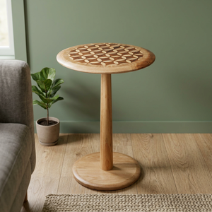 Modern Round Indonesian Solid <b>Wood</b> Coffee <b>Table</b> with Geometric Inlay Design Handmade Movable <b>Side</b> <b>Table</b> <b>Living</b> <b>Room</b> Furniture - Product Image 6