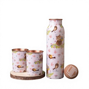 Floral Pattern <b>Metal</b> <b>Water</b> <b>Bottle</b> With Copper Lid Portable Travel Drinkware - Product Image 1