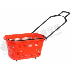 High Quality Supermarket Plastic Rolling Trolley Shopping Basket With Wheels