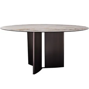 Minimalist round dining table 1500 mm ceramic top metal frame down natural marble dinner table