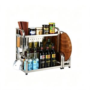 Étagère de rangement de cuisine en acier inoxydable à 2 niveaux, organiseur de condiments, support pour bouteilles et bocaux avec repose-baguettes et cuillères - Product Image 1