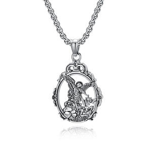 Archangel St. Michael <b>Titanium</b> Steel Necklace Oval Pendant Religious Unisex Jewelry - Product Image 1
