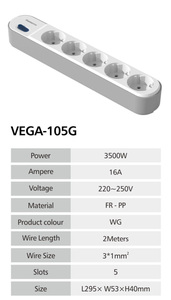 VEGA-105 16A European Standard 5 Outlets Power Strip FR-PP Material Safety Shutter Copper <b>Extension</b> <b>Socket</b> for Home & Office Use - Product Image 6