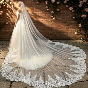 Velo de Novia Retro de Moda con Encaje Real, Velo de Tul Transparente de Una Capa, Velo de Catedral, Precioso y Dramático para Sesión de Fotos de Compromiso - Product Image 2