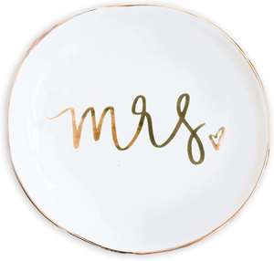 Plato Redondo de Cerámica Personalizado con la Palabra 'Mrs' y Borde Dorado Rosa para Decoración - Product Image 1