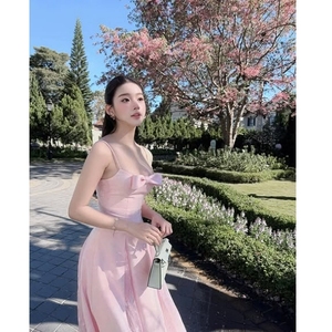Vestido de Fiesta Maxi Elegante Rosa Claro con Aberturas Laterales y Tirantes Finos para Mujer, con Lazo, Personalizado, Venta al por Mayor OEM/ODM - Product Image 1