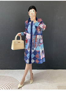 Robe chemise plissée Miyake à col et manches longues, style floral, imprimée, vêtements occidentaux pour femmes, vente en gros en ligne - Product Image 5