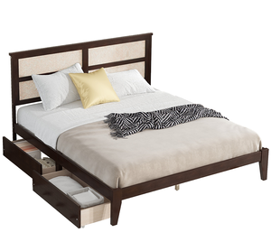 Modern King Size Adjustable Bed with Rattan <b>Headboard</b> Two Storage Drawers Oak Frame Enhanced Support Slats Feet 5-Year Warranty - Product Image 1