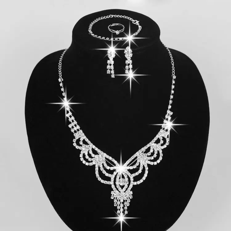 Conjuntos de joyas de borlas para novia, conjuntos de joyas de plata, collar y pendientes de cristal baratos