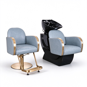 Ensemble de fauteuil de coiffure et de lavage moderne avec cadre doré, en cuir silicone, et bac en céramique noir - Product Image 6