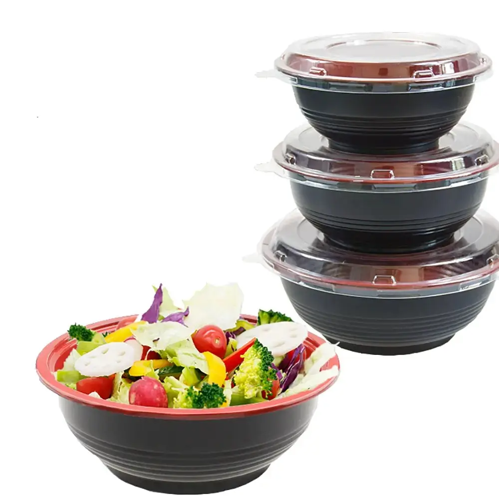 Contoh gratis hitam dan merah wadah makanan plastik sekali pakai mangkuk Salad mie sup mangkuk dengan OPS penutup Oven Microwave