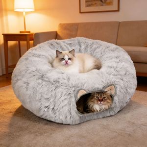 Gray Plush Cat <b>Bed</b> Round 85x85x26cm Faux Fur Warm Pet <b>Bed</b> For Cats All Season Use - Product Image 1