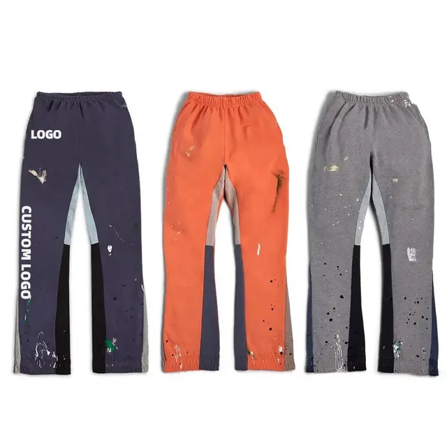 OEM Heavy Weight Cotton French Terry Sweatpants Men Custom Paint Splatter Stacked Jogger Flare Baggy Sweat Track Pants For Men