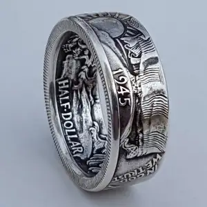แหวนใส่เหรียญแนววินเทจสำหรับผู้ชาย,แหวนหมั้นแฟชั่นแนววินเทจแหวนแต่งงานโบราณสำหรับผู้ชายของขวัญสำหรับผู้ชายครึ่งดอลลาร์สีเงิน NR