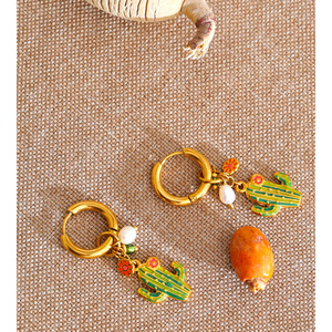 <span class=keywords><strong>Orecchini</strong></span> pendenti JINYOU 1001 in acciaio inossidabile smaltato a forma di <span class=keywords><strong>cactus</strong></span>, placcati oro, con perle simulate e fiore a cerchio. - Product Image 4