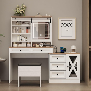 Contemporary Bedroom Women's Wood Eco-Friendly <strong>Big</strong> Makeup <strong>Dressing</strong> Vanity <strong>Table</strong> with Stool LED Mirror 5 Drawers - Product Image 3