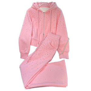 Survêtement unisexe à capuche très attrayant, couleur unie, décontracté, respirant, écologique, personnalisable, avec strass pour femme - Product Image 1
