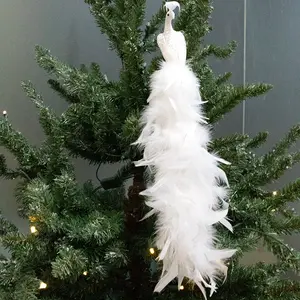 直销新款圣诞悬挂仿真白孔雀圣诞树装饰品天然羽毛工艺品圣诞