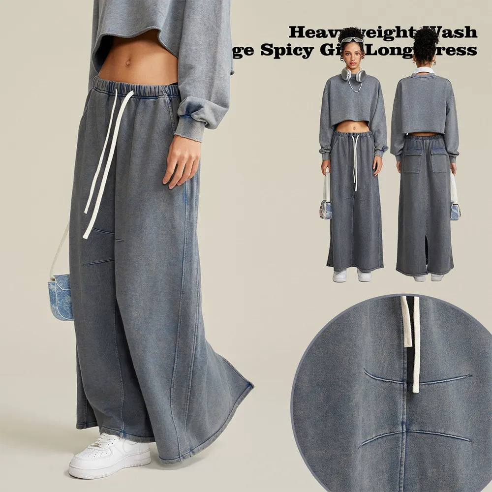 Custom Dames Lange Rok Gebreide Damesrokken Vintage Zacht Causaal Hoge Taille A-Lijn Denim Rokken Voor Dames