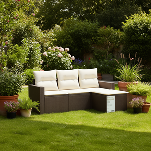 Cream White And Brown <b>Rattan</b> Garden <b>Sofa</b> Set With Cushions 3 Seater Outdoor Furniture Contemporary Design - Product Image 2