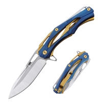 Cuchillo Plegable de Acero D2 Premium con Hoja Esqueletizada y Mango de Acero Inoxidable, Bicolor Azul y Dorado, 230mm 242g, DIY OEM, Punta de Gota