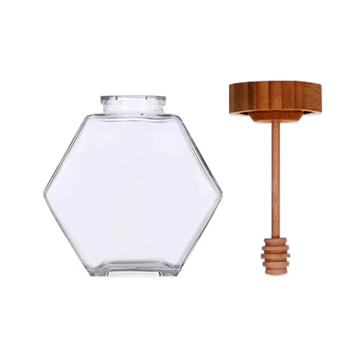 Reihey Glass Honey Jar with Wooden Dipper Hexagon Shape Heat-Resistant Honey Pot House Storage Honey Empty Bottles with Wooden Cork Lid