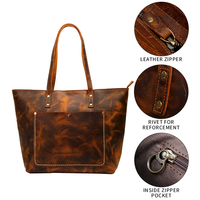 Sac à main fourre-tout décontracté en cuir de vachette marron clair Crazy Horse Sac à main vintage de luxe en cuir véritable avec fermeture éclair pour femmes