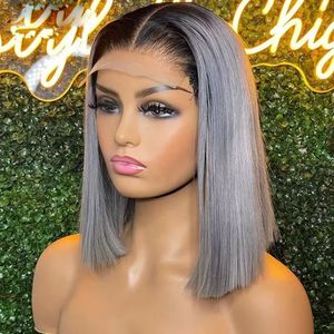 Virgin Human Hair Grey Color Slik <strong>Bob</strong> <strong>Wig</strong> HD Lace Front Glueless Raw Vietnamese Human Hair Perruque Per Plucked Lace Front <strong>Wig</strong> - Product Image 1