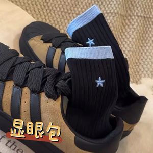 Embroidered Star Color Block Mid Calf <b>Socks</b> For Women Pure Cotton Casual Sport <b>Socks</b> Black White Gray Youth Size - Product Image 2