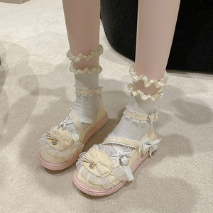 Lace-up Lolita <b>Socks</b> With Bowknot And Ruffles Cream Color Breathable Cotton Fabric All Seasons Wear - Product Image 3
