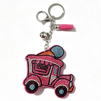 Porte-clés camion de crème glacée en strass thermocollants, breloque de sac en cristal avec pompon et clochette, vente en gros, faible MOQ