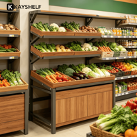 Versterkte dubbelzijdige metalen MDF groente-displaystandaard zonder rugwand, houten supermarkt rek voor groenten en fruit