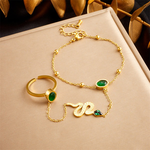Gold Plated Snake <b>Bracelet</b> <b>Set</b> With Green Stone Open Ring Stainless Steel Chain Animal Design Jewelry For Women - Product Image 1