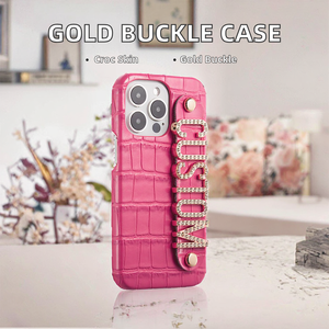 Étui de téléphone en cuir artificiel de luxe personnalisé pour motif crocodile pour <span class=keywords><strong>iPhone</strong></span> 7-15 Pro Max <span class=keywords><strong>Initiales</strong></span> de boucle en or personnalisées - Product Image 2
