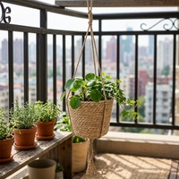 Panier mural tressé luxueux pour plantes d'intérieur, suspendu, avec longue base en macramé et réservoir d'eau, en osier