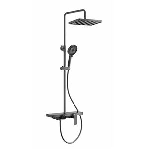 Minimalist Matte <b>Black</b> Wall Mount <b>Shower</b> Set with Rainfall <b>Head</b> and Slide Bar 37.6in Brass Faucet Bathroom Fixture - Product Image 3