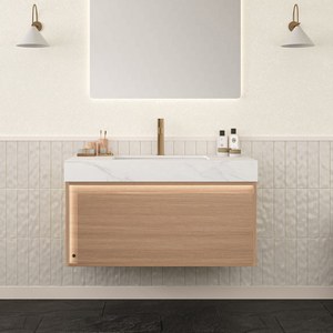 Meuble-lavabo <span class=keywords><strong>NYAH</strong></span> 36'' pour salle de bain, armoire de rangement flottante ultra-mince en contreplaqué avec grille, tiroir avec éclairage à capteur, blanc Carrara - Product Image 1