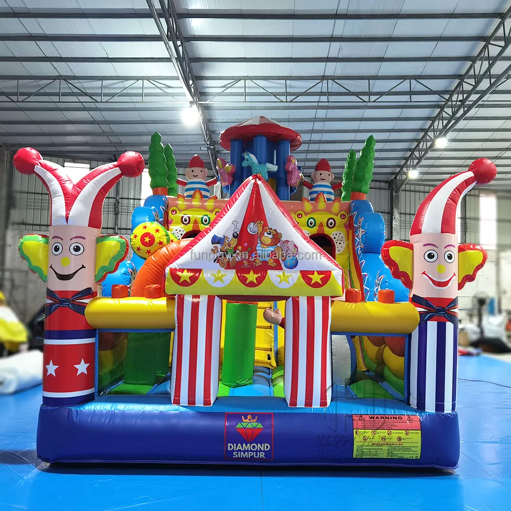 Commercial Circus Clown Theme Bouncer Castle with Slide Carousel with Snowman Inflatable Amusement Park For Kids and adults